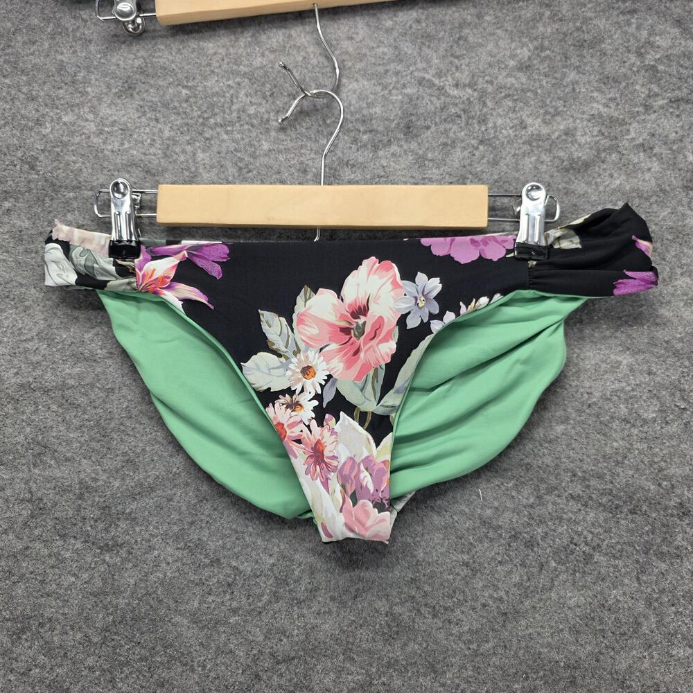 BECCA Bikini Bottom Womens Large Black Floral Mint Ruched Sides Swimwear Lined